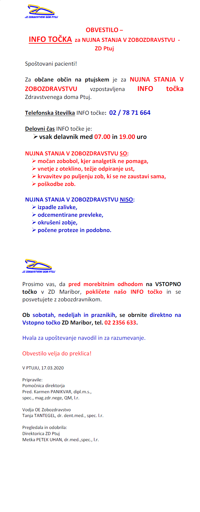 Obvestilo - INFO TOČKA za nujna stanja v zobozdravstvu ZD Ptuj